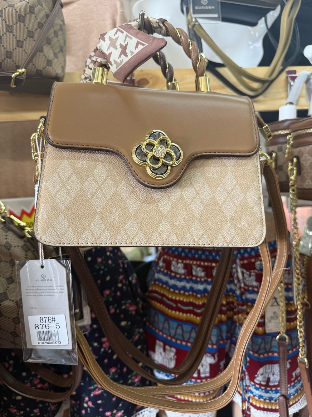Women's Tan Floral-Accent Top Handle Bag
